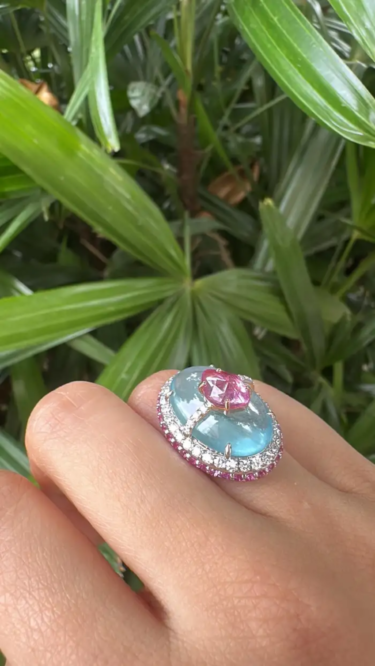 Natural Aquamarine & Pink Sapphire Cocktail Ring - 18k White Gold Diamond Handmade Ring