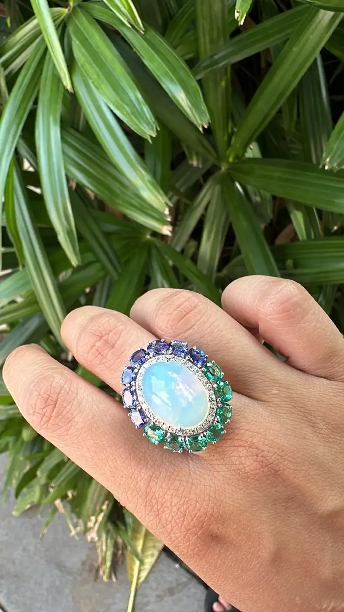 Gold Diamond Ring | 18k White Gold Zambian Emerald Ring | Tanzanite & Ethiopian Opal Cocktail Ring | Handmade Gold Diamond Ring