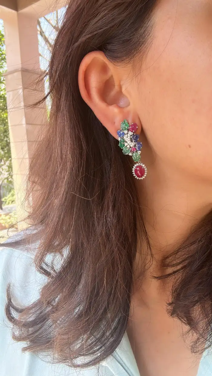 Natural Mozambique Ruby, Zambian Emerald & Blue Sapphire Dangle Earrings - 18k White Gold Diamond Chandelier Earrings