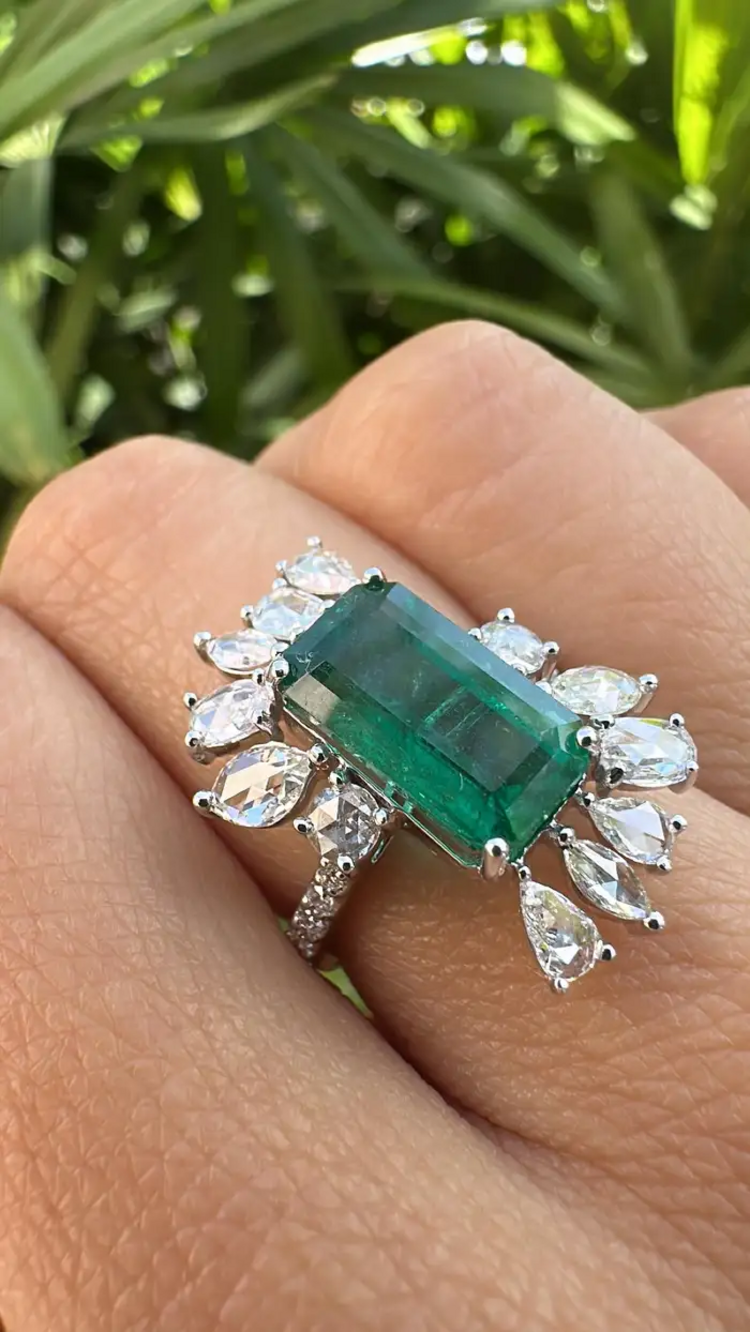 18k White Gold 4.07 Ct. Zambian Emerald Ring - Natural Rose Cut Diamond Engagement Ring