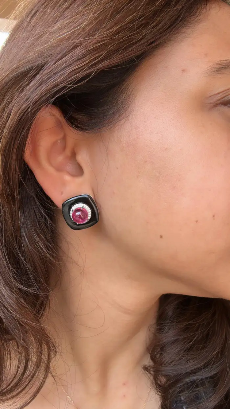 18k White Gold Diamond Stud Earrings - Natural Rubellite & Black Onyx Daily Wear Earrings