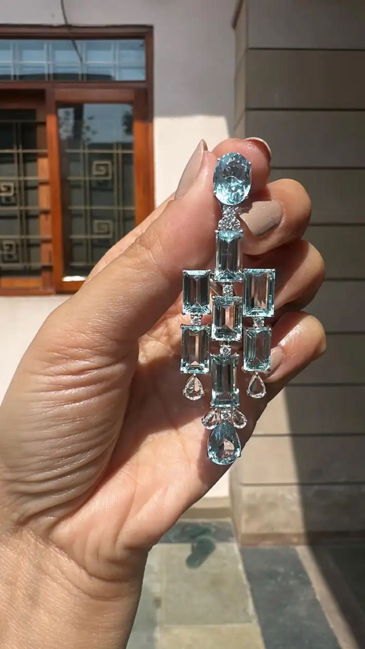 Natural Aquamarine Gemstone Chandelier Earrings - 18k White Gold Diamond Handmade Dangle Earrings