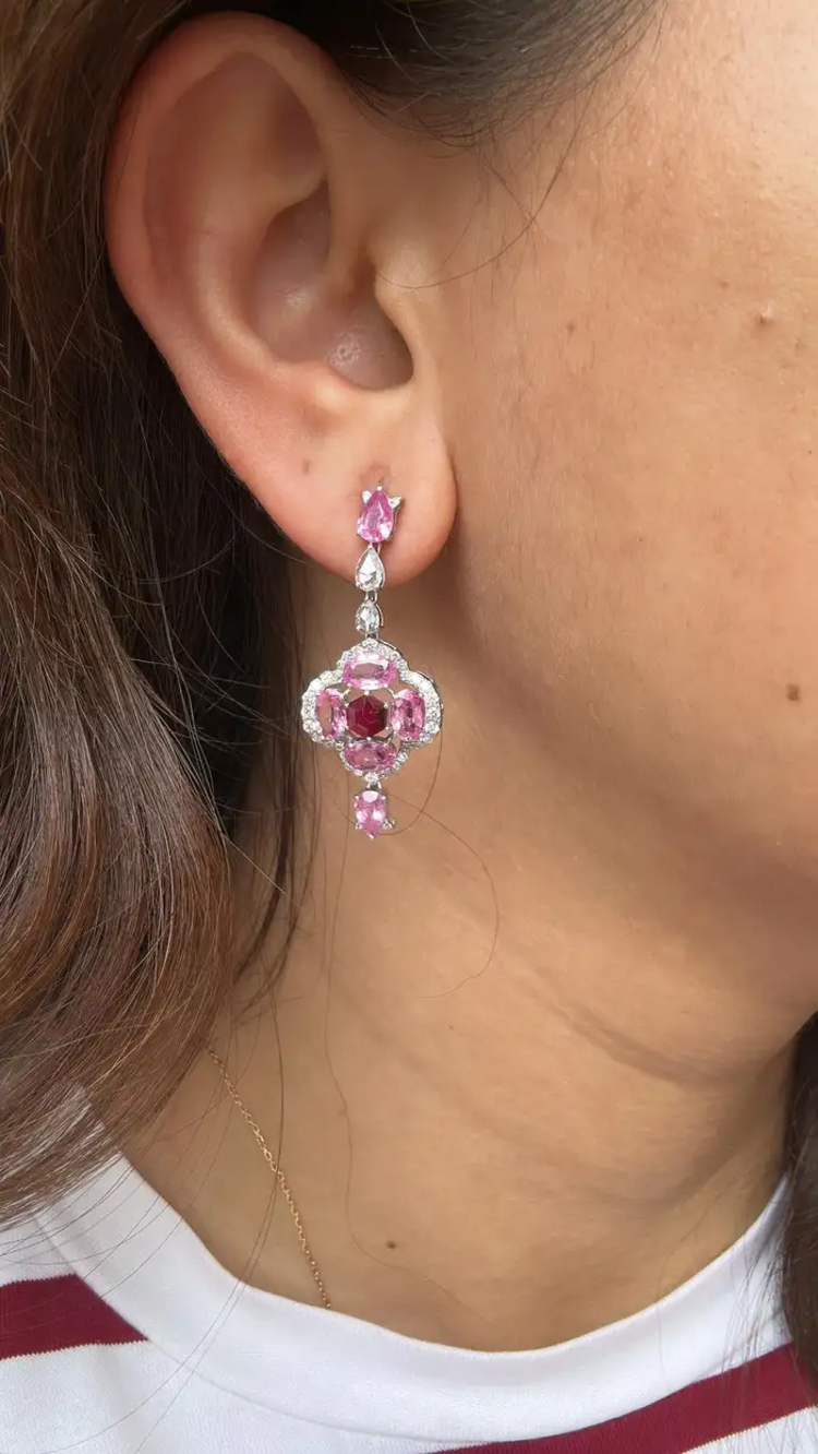 Ceylon Pink Sapphire & Ruby Gemstone Earrings - 18k White Gold & Rose Cut Diamond Dangle Earrings