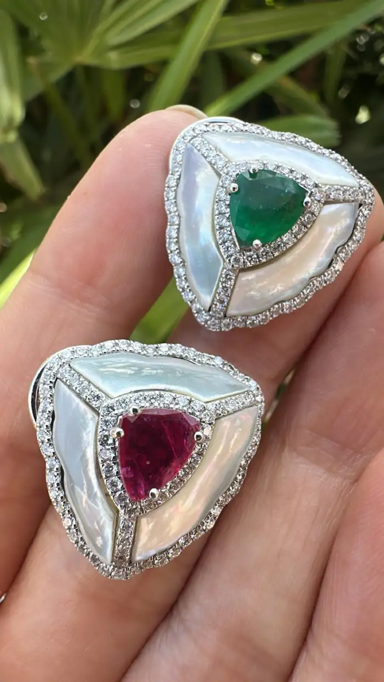 18k White Gold Handmade Diamond Stud Earrings - Natural Zambian Emerald, Mozambique Ruby & Pearl Stud Earrings