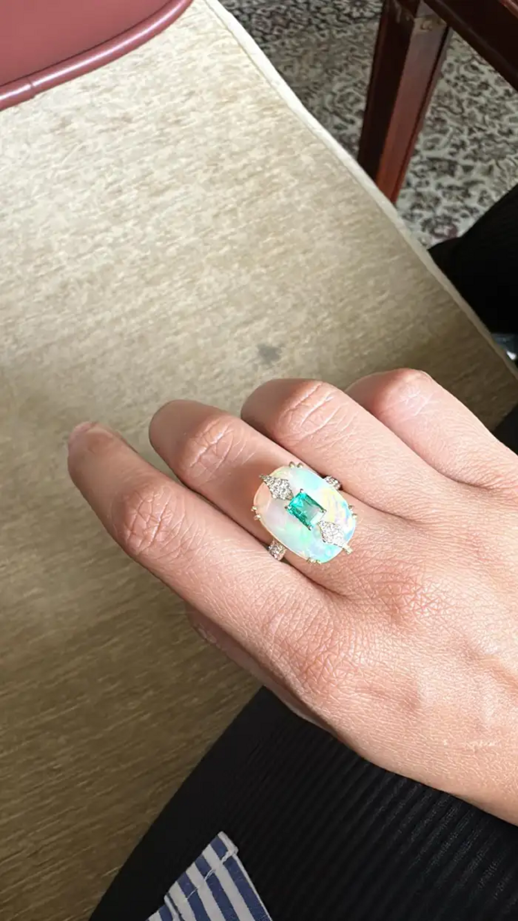 18k Yellow Gold Ethiopian Opal, Diamond Ring - Natural Zambian Emerald Ring