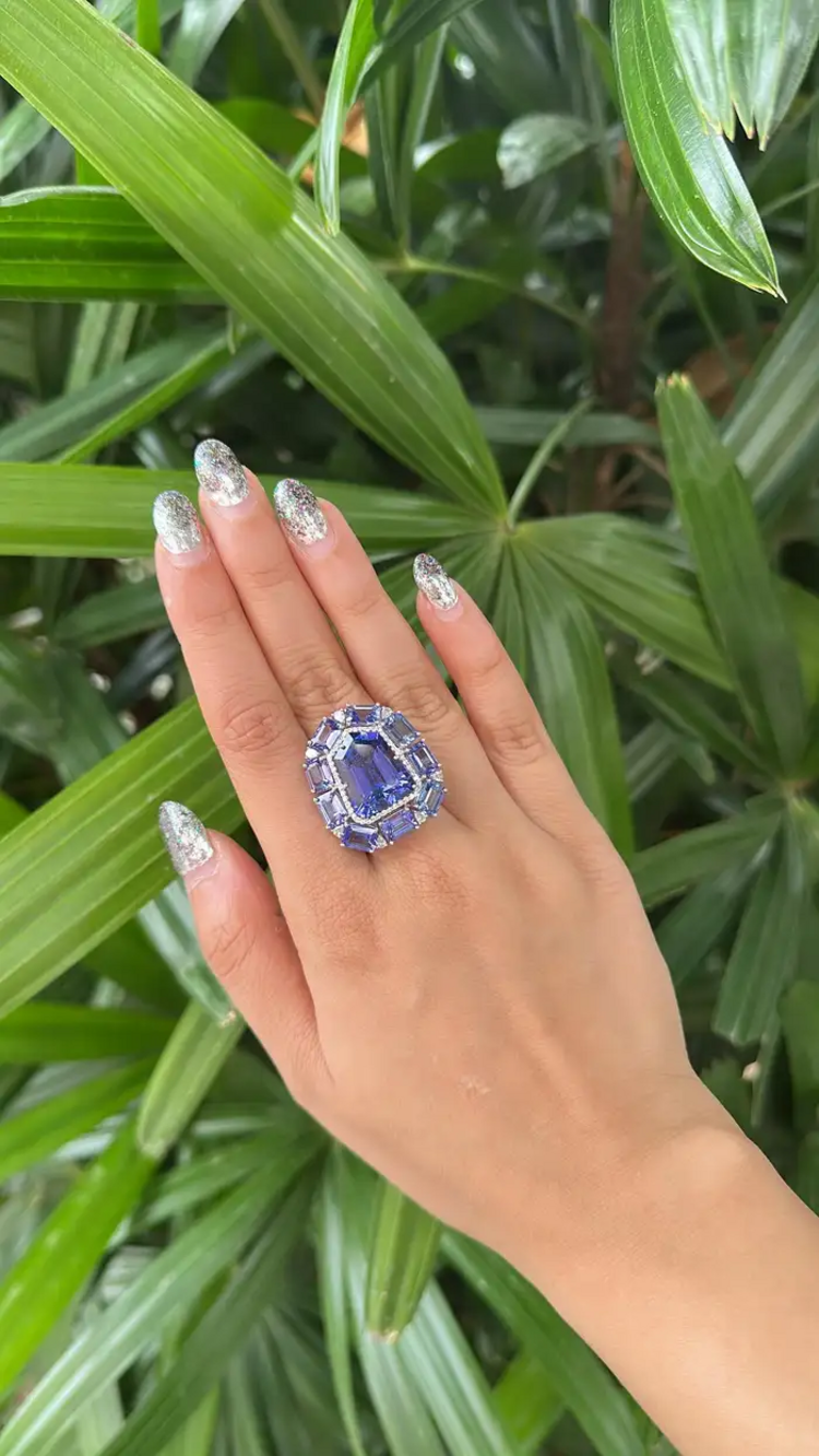 Natural Tanzanite & Rose Cut Diamond Cocktail Ring - 18k White Gold Diamond Wedding Ring