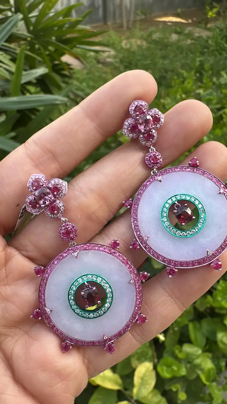 18k White Gold Handmade Diamond Dangle Earrings - Natural Spinel, Ruby, Pink Sapphires, Lavender Jade Earrings