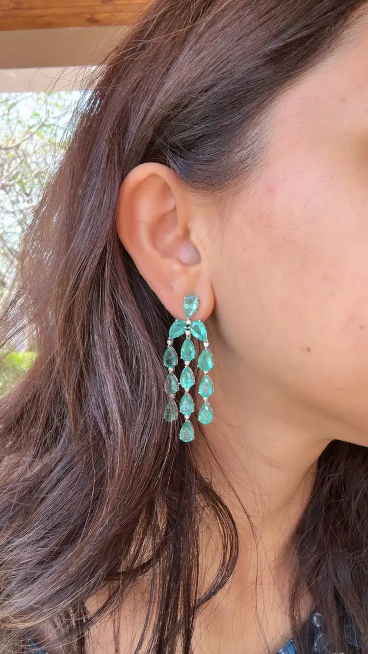 Natural Colombian Emerald Dangle Earrings - 18k White Gold Diamond Chandelier Earrings for Women