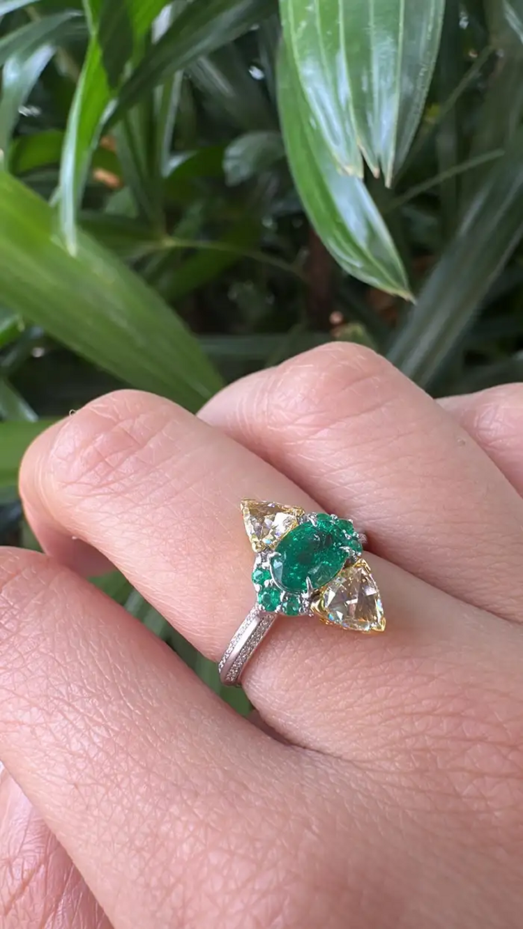 Natural Zambian Emerald Engagement Ring - 18k White Gold & Yellow Diamond Ring