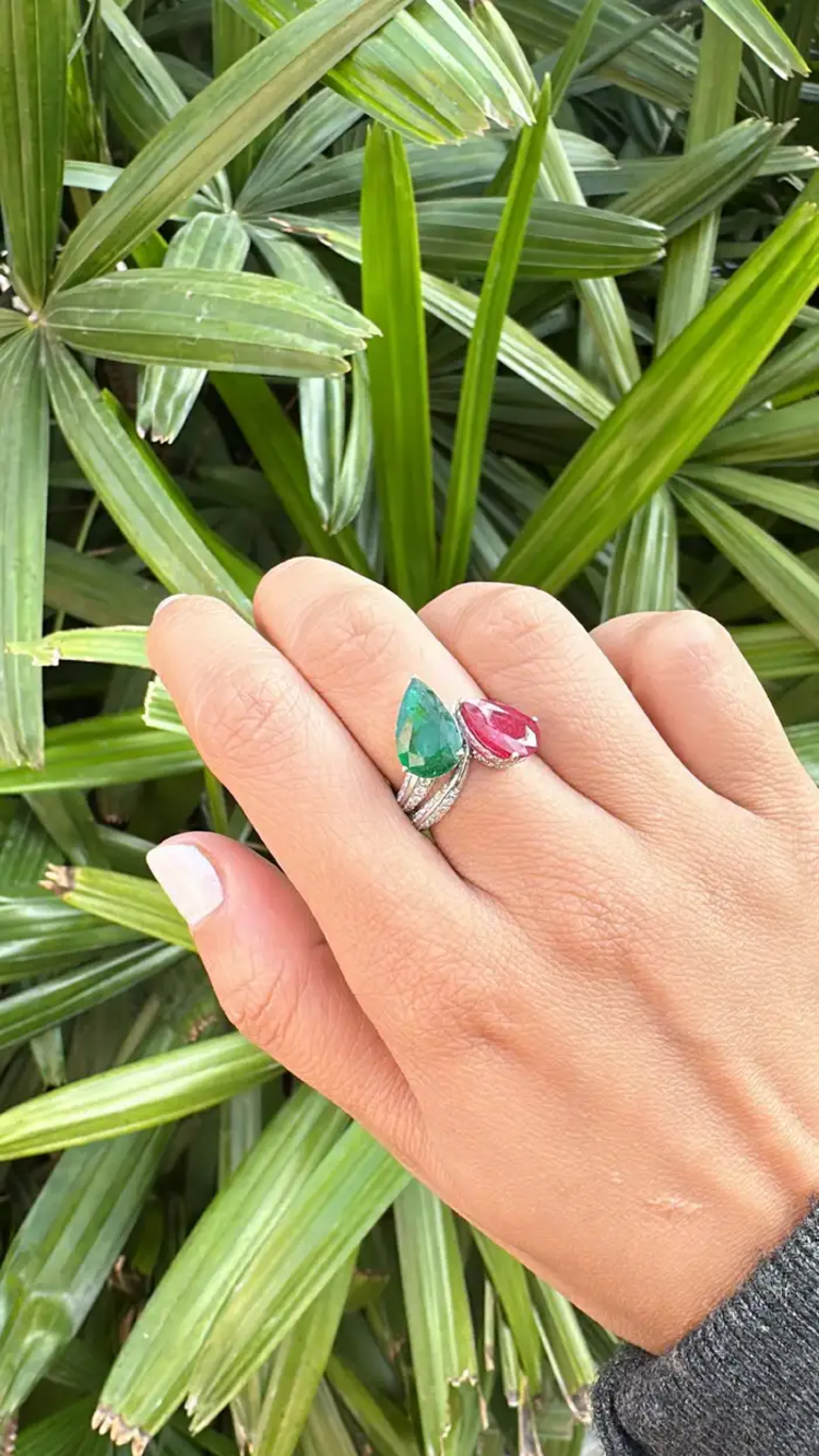 Natural Pear Shape Zambian Emerald & Mozambique Ruby Wedding Ring - 18k White Gold Diamond Ring