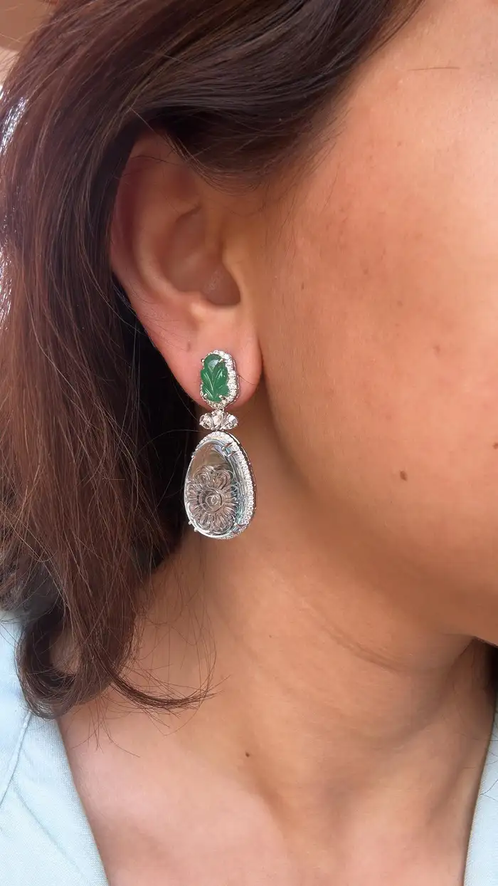 Natural Zambian Emerald & Aquamarine Gemstone Dangle Earrings - 18k White Gold Rose Cut Diamond Earrings
