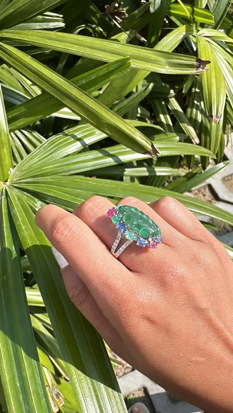 18k White Gold Handmade Cocktail Ring - Natural Emerald, Blue Sapphires, Ruby & Diamonds Cocktail Ring