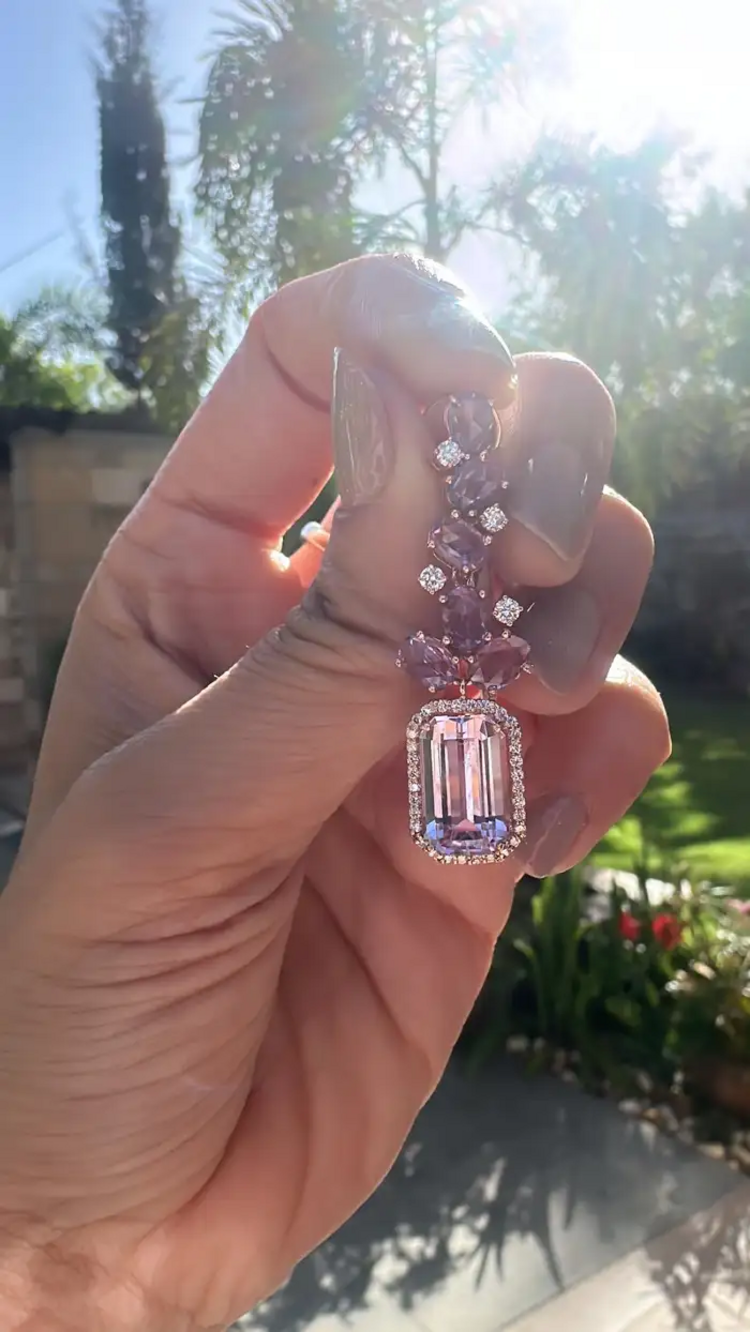 18k Rose Gold Kunzaite Gemstone Dangle Earrings - Natural Diamond & Pink Sapphire Wedding Earrings