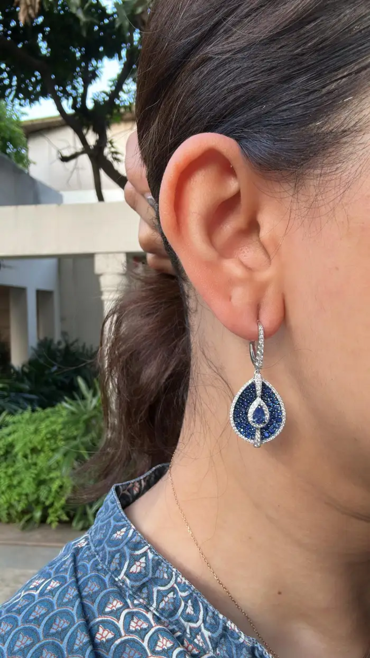 Natural Blue Sapphire & Diamond Earrings - 18k White Gold Handmade Dangle Earrings