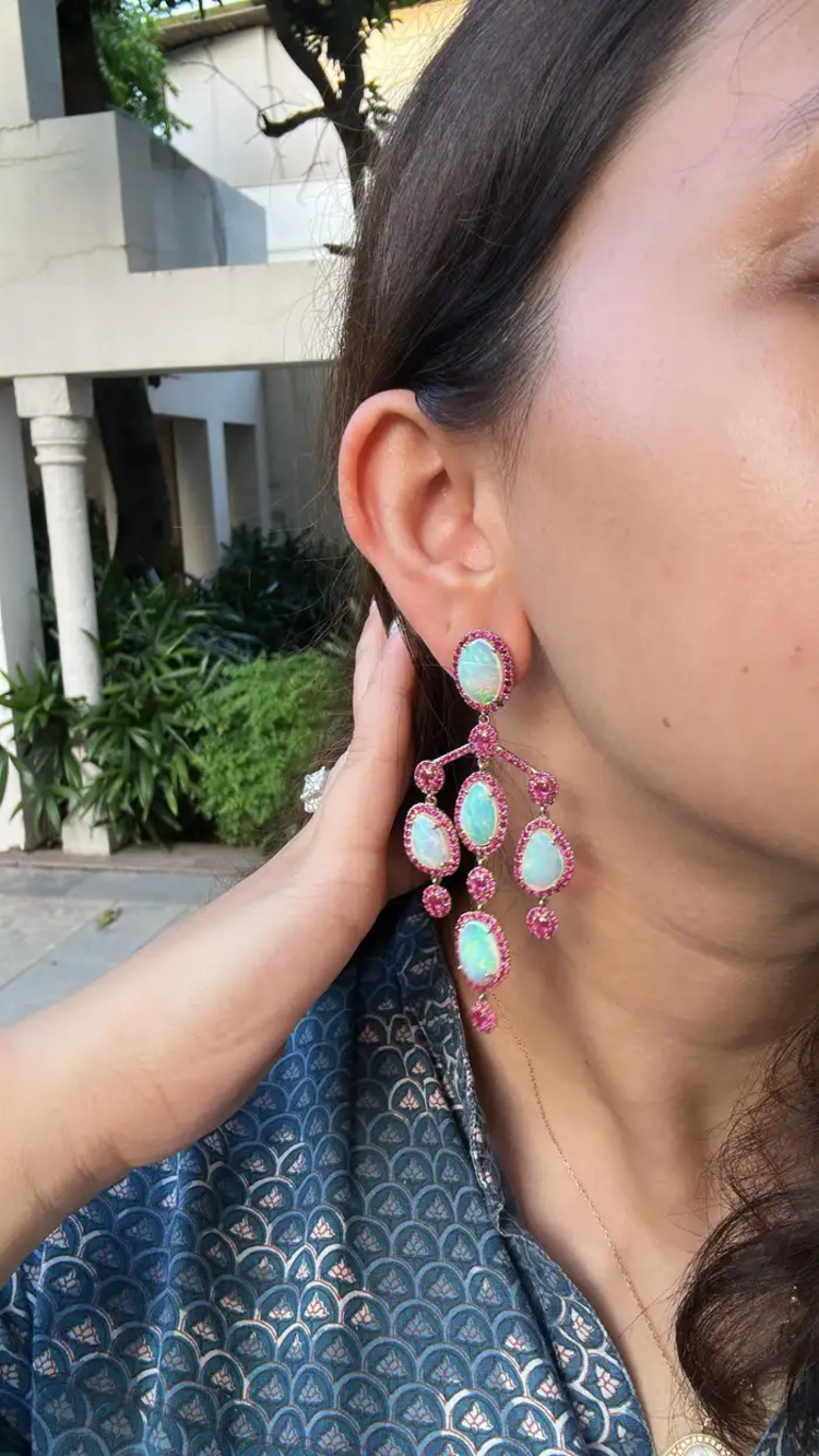 Ethiopian Opal & Mozambique Ruby Chandelier Earrings - 18k Gold Diamond Dangle Earrings