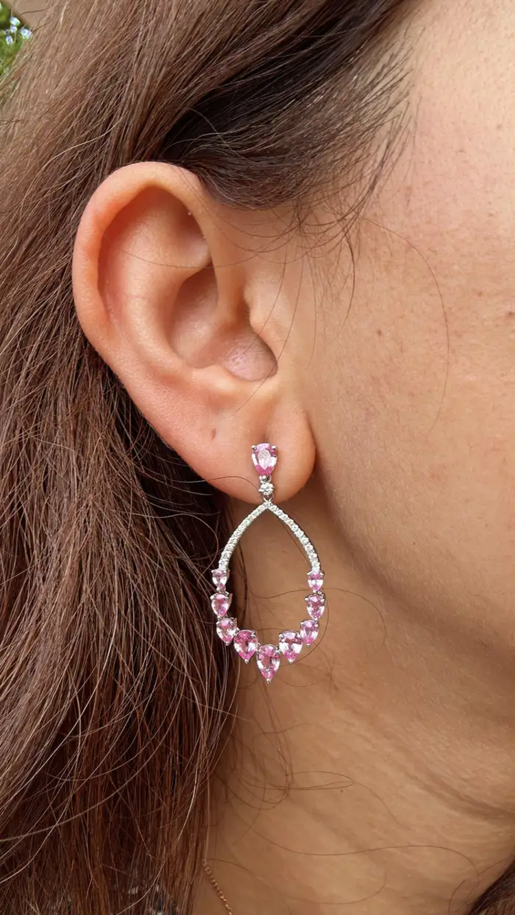 Natural Pink Sapphire Dangle Earrings - 18k White Gold Handmade Diamond Women Earrings