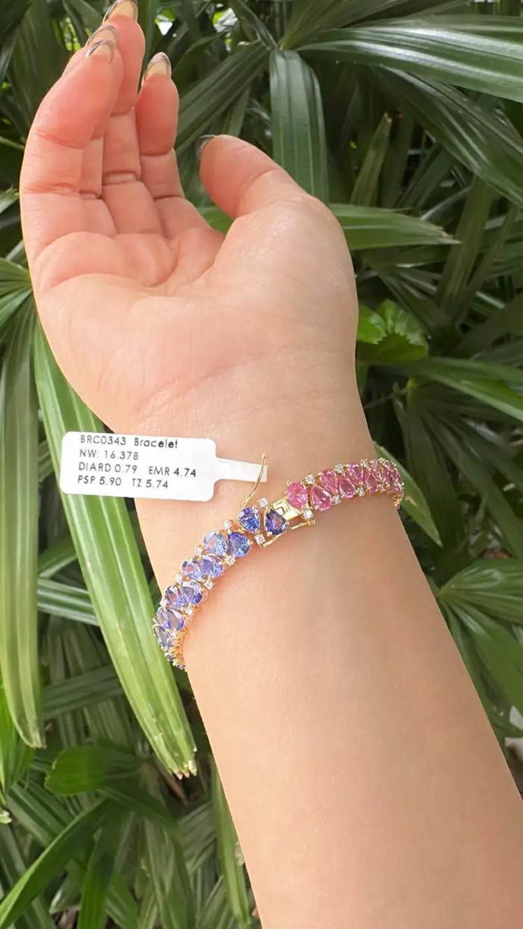 Natural Emerald, Tanzanite & Pink Sapphire Bracelet - 18k Yellow Gold Diamond Tennis Bracelet