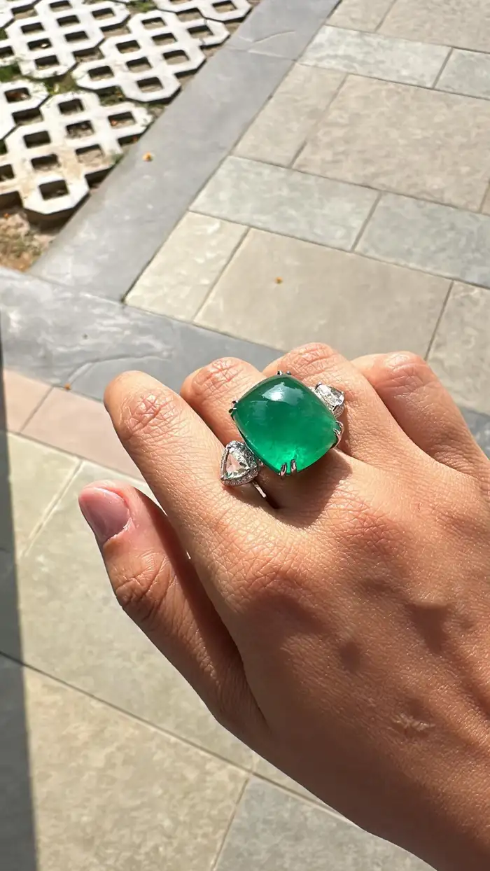 18k White Gold Handmade Rose Cut Diamond Ring - Natural Zambian Emerald Dome Ring