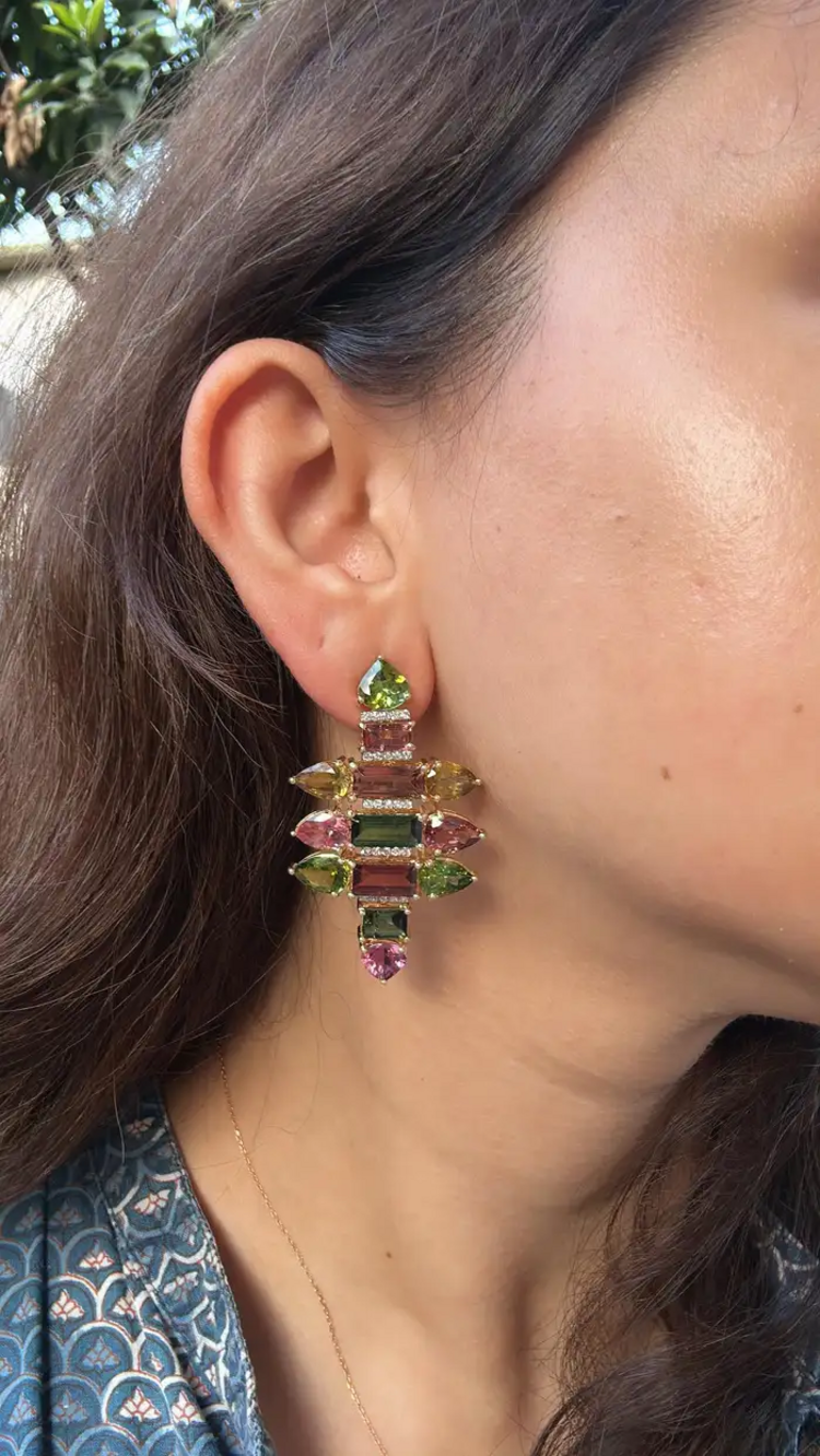 18k Yellow Gold Diamond Earrings - Natural Tourmaline Gemstone Chandelier Earrings