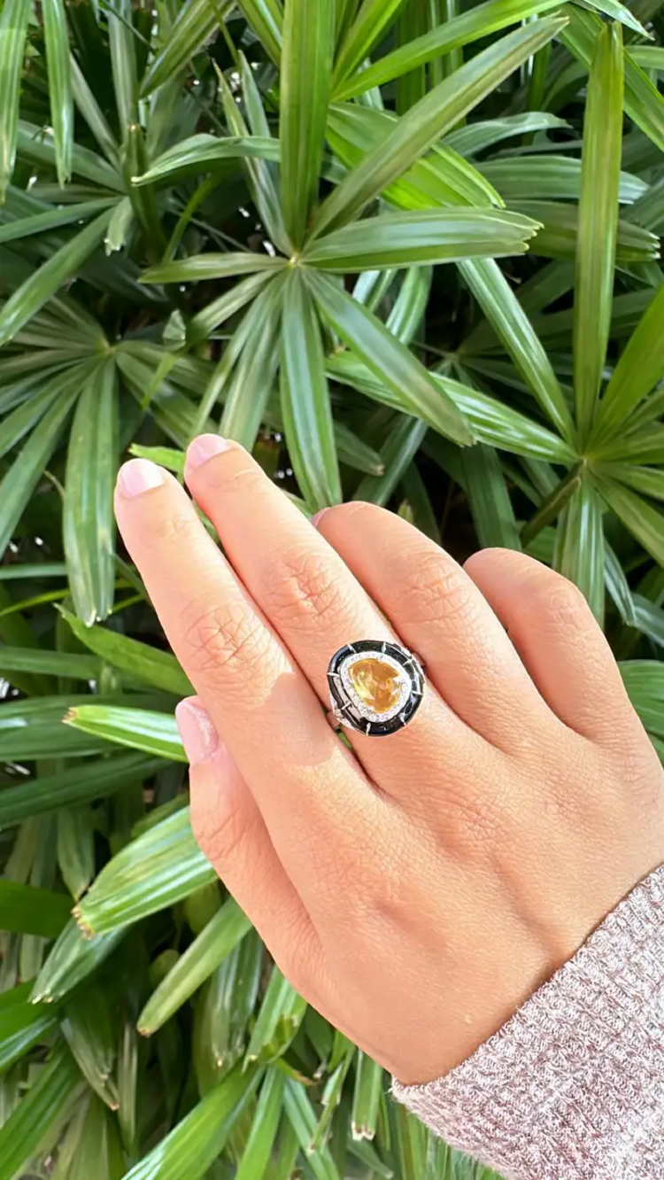 Ceylon Yellow Sapphire & Black Enamel Tiny Ring - 18k White Gold, Diamond Handmade Ring