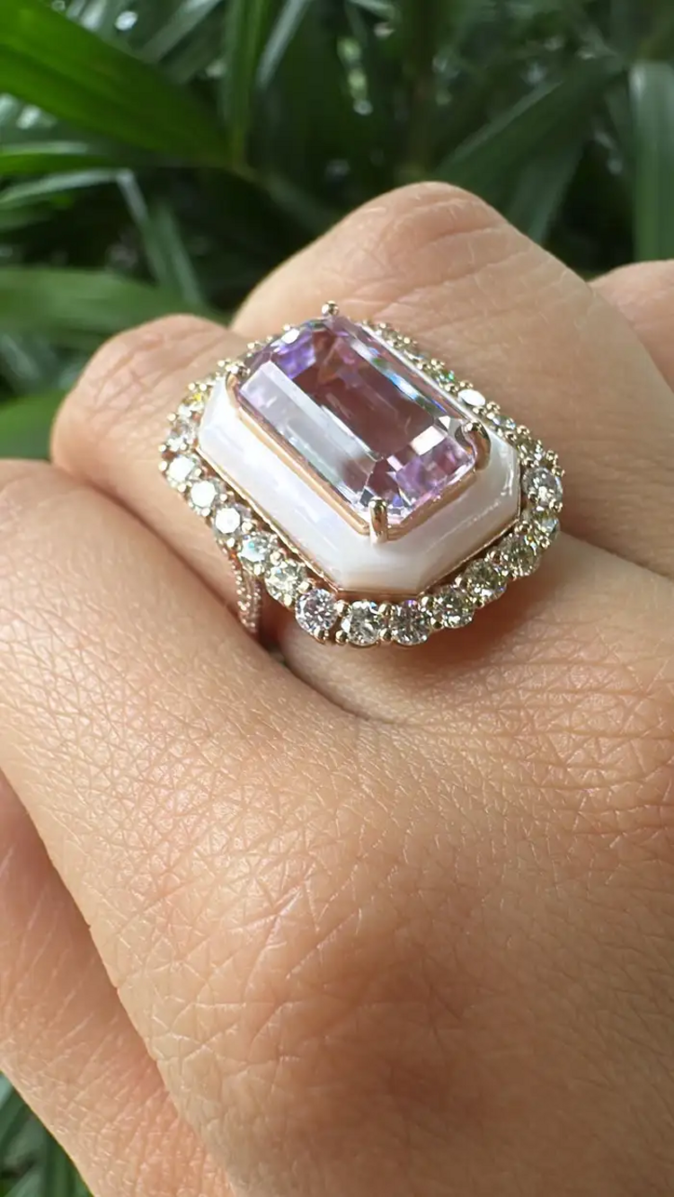 18k Rose Gold Diamond Handmade Ring - Natural Kunzite & Mother Of Pearl Cocktail Ring