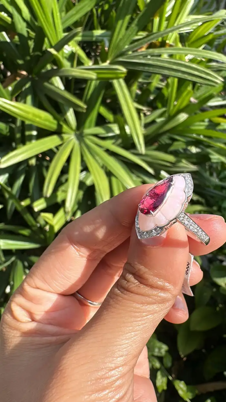Natural Rubellite & Pink Opal Wedding Ring - 18k White Gold Handmade Diamond Ring