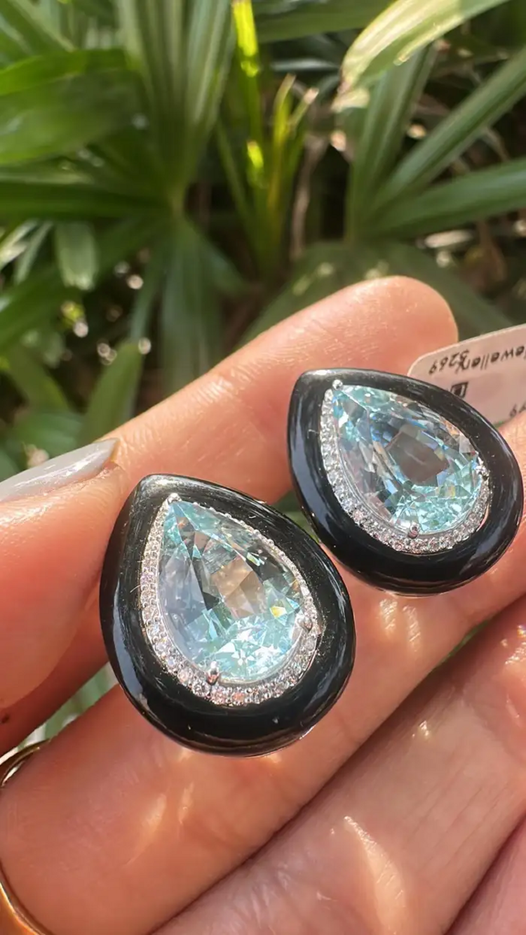 Pear Shape Aquamarine Stud Earrings - 18k White Gold Diamond Handmade Earrings