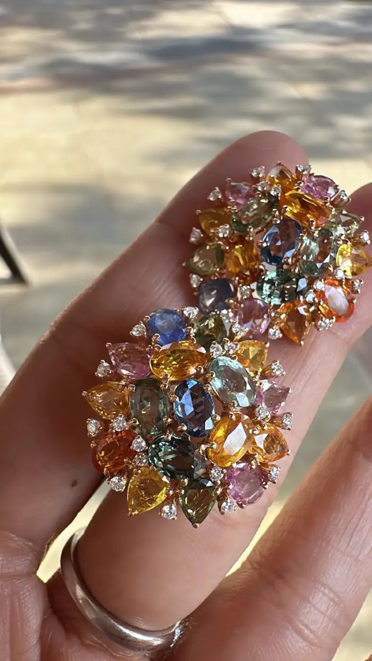 Ceylon Multi Sapphire & Diamond Stud Earrings - Handmade 18k Gold Diamond Women Earrings