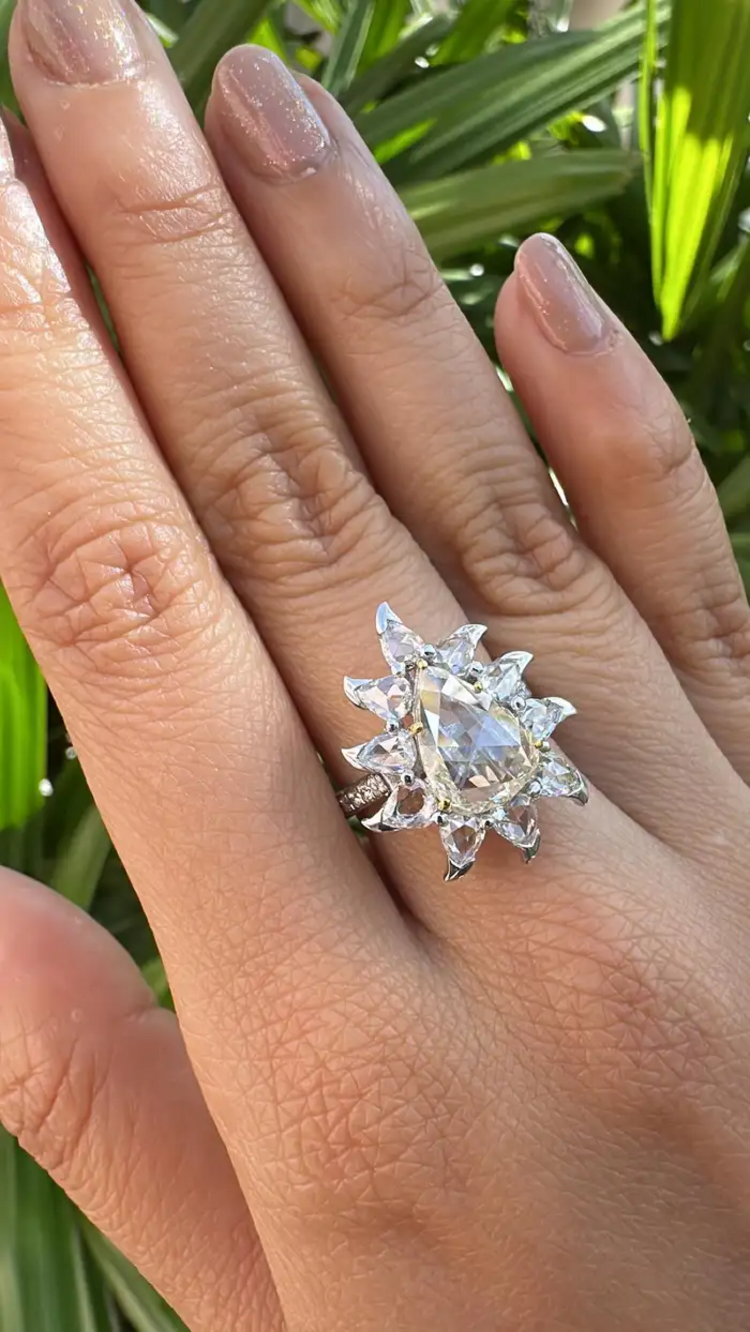 3.86 Ct. Rose Cut Diamonds Engagement Ring - 18k White Gold Handmade Wedding Ring
