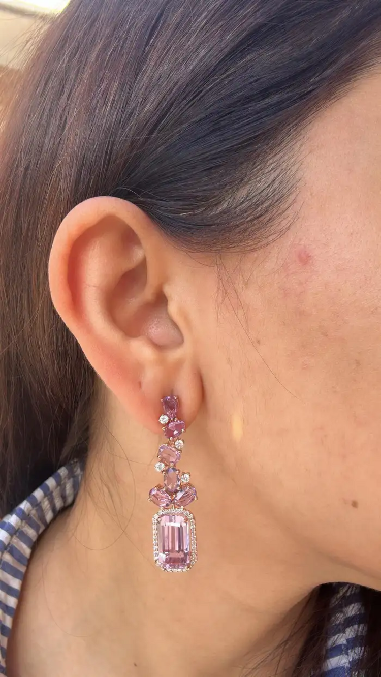 18k Rose Gold Kunzaite Gemstone Dangle Earrings - Natural Diamond & Pink Sapphire Wedding Earrings