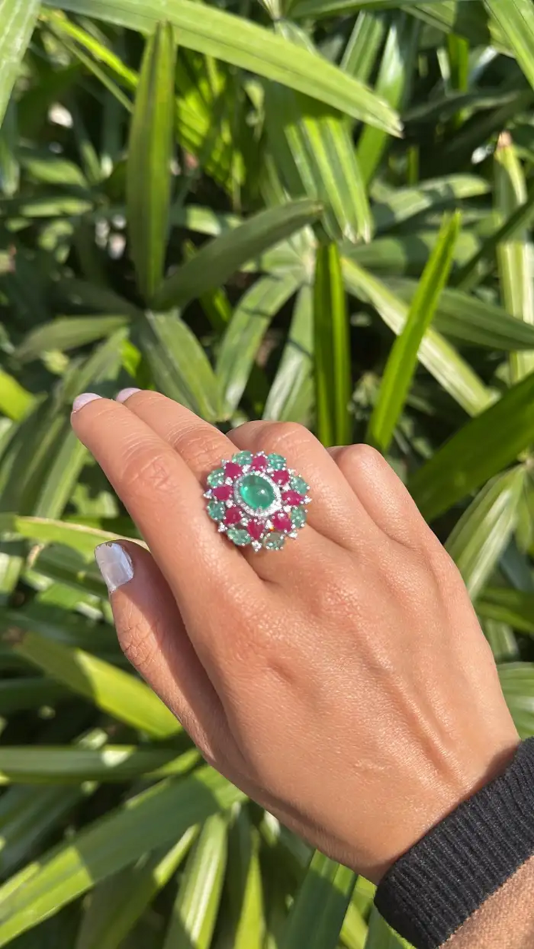 18k White Gold Carved Emerald & Ruby Gemstone Ring - Natural Colombian Emerald Cocktail Ring