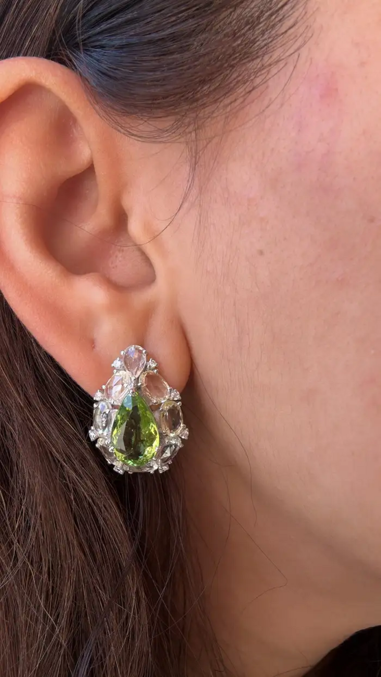 Natural Pear Shape Tourmaline & White Sapphire Stud Earrings - 18k White Gold Diamond Earrings