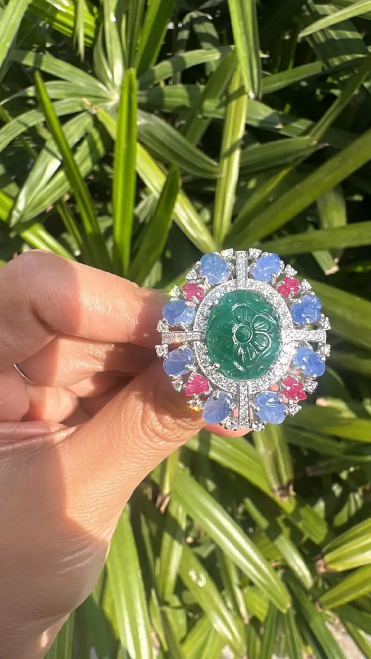 18k White Gold Handmade Cocktail Ring - Carved Emerald, Blue Sapphire & Ruby Statement Ring - Gold Diamond Women Ring