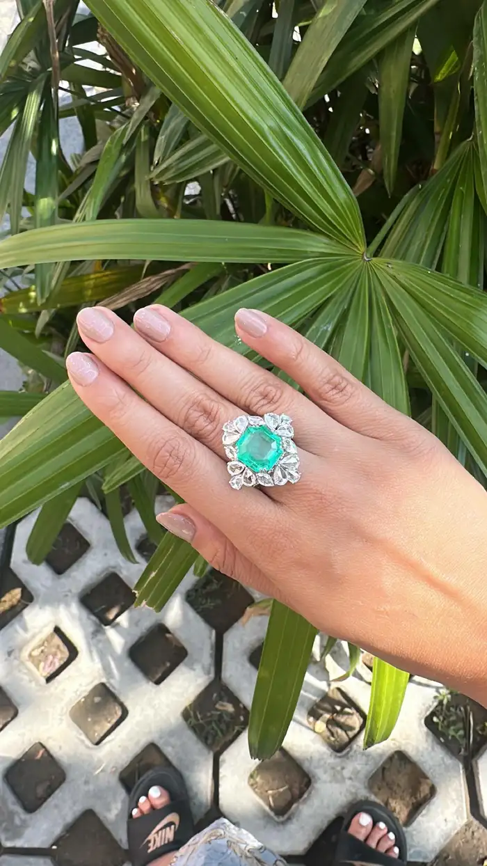 9.22 Ct. Colombian Emerald Engagement Ring - Natural Rose Cut Diamond Wedding Ring