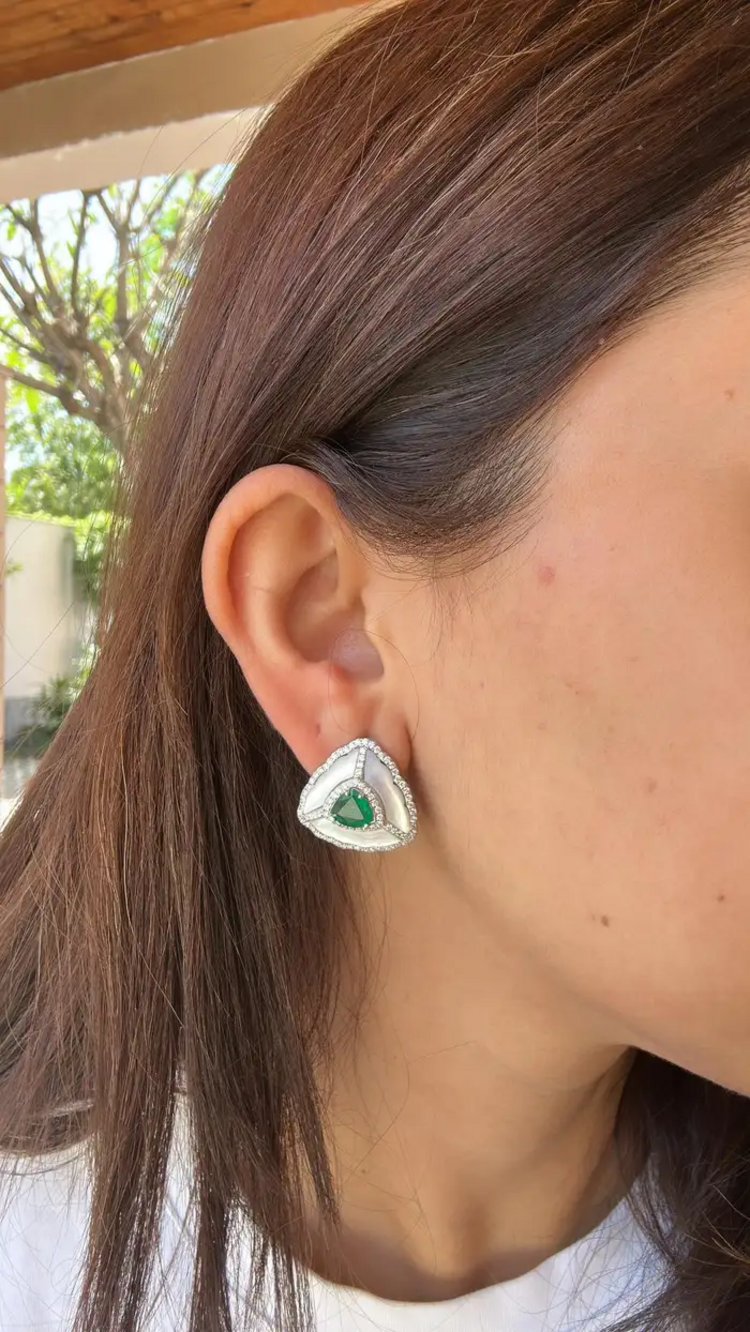 18k White Gold Handmade Diamond Stud Earrings - Natural Zambian Emerald, Mozambique Ruby & Pearl Stud Earrings