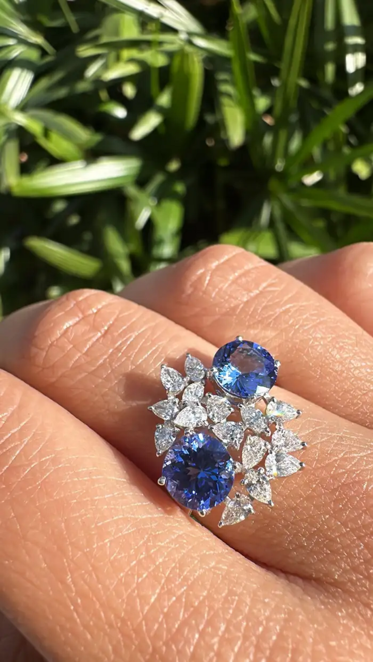 Natural Tanzanite Gemstone & Diamond Wedding Ring - 18k White Gold Handmade Ring