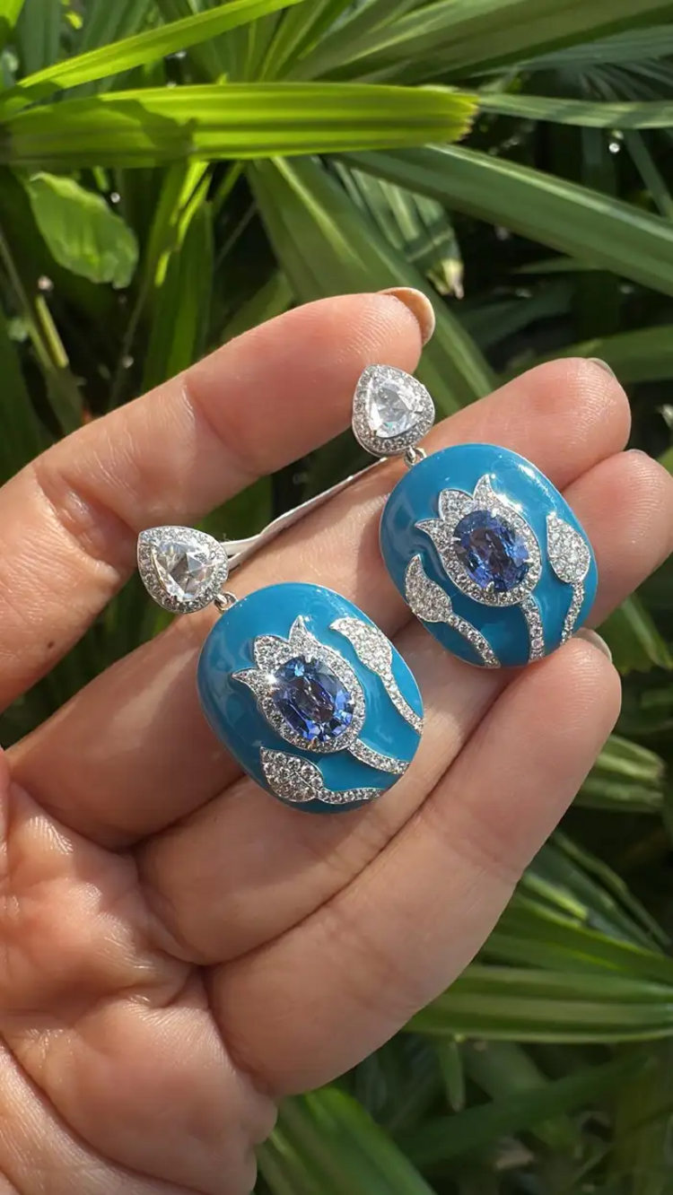 18k White Gold Rose Cut Diamond Handmade Dangle Earrings - Natural Blue Sapphire & Blue Enamel Earrings