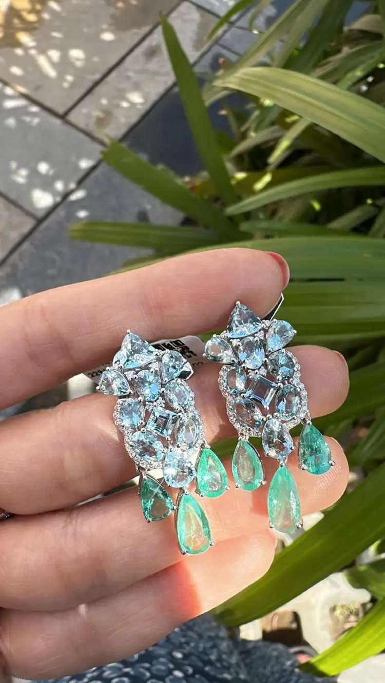 Natural Aquamarine & Colombian Emerald Dangle Earrings - 18k White Gold Diamond Wedding Earrings