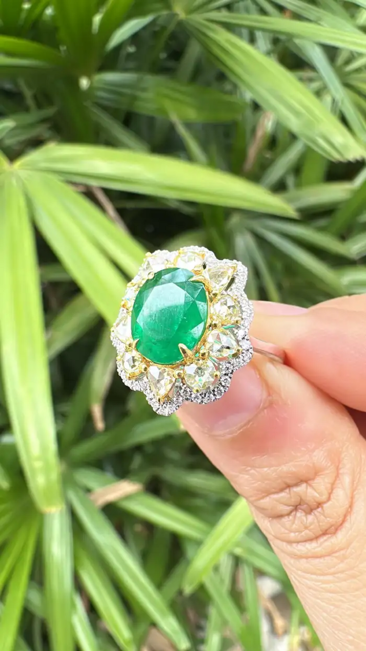 Natural Zambian Emerald Cocktail Ring - Solid 18k White Gold Yellow Diamond Wedding Ring