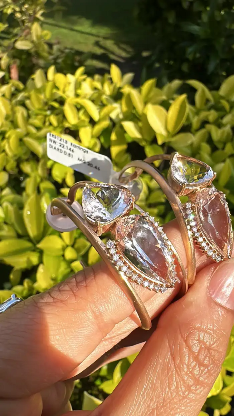 18k Yellow Matte Gold Hoop Earrings - Natural Morganite & Diamond Earrings