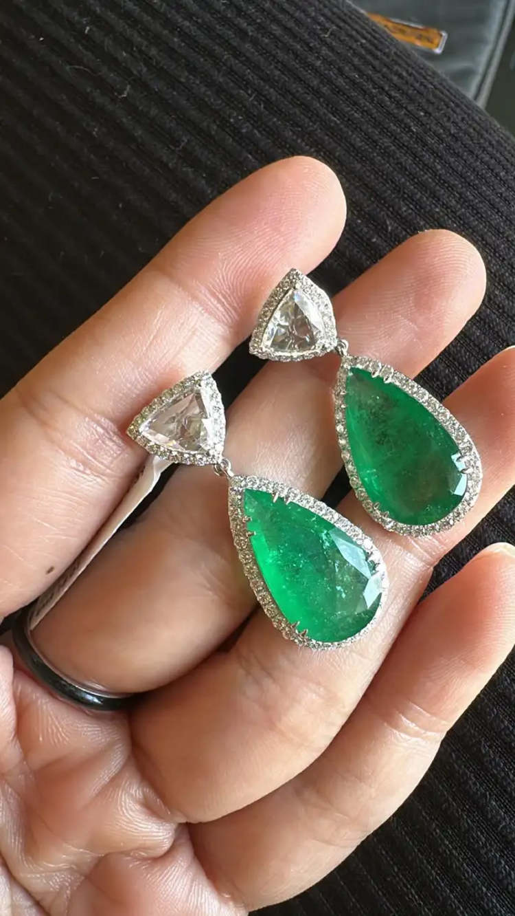Solid 18k White Gold Handmade Dangle Earrings - Natural Zambian Emerald & Rose Cut Diamond Drop Dangle Women Earrings
