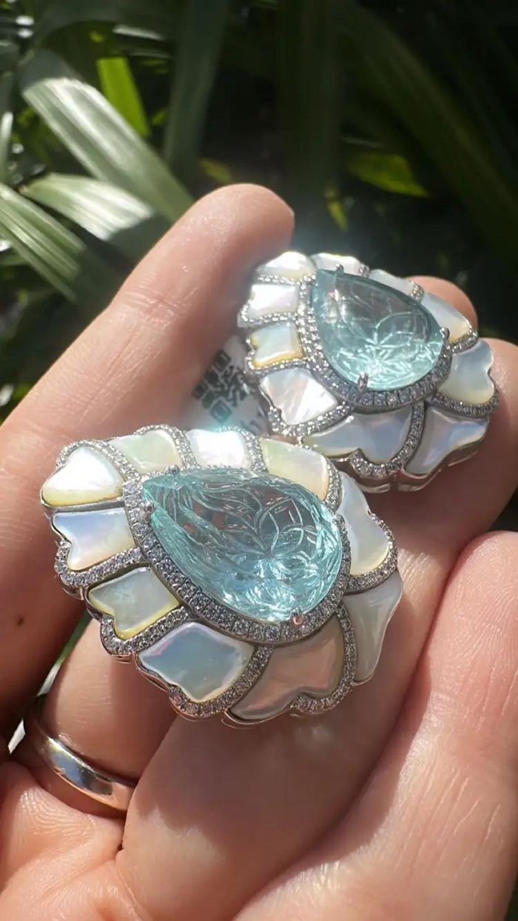 18k White Gold Handmade Diamond Stud Earrings - Pear Shape Carved Aquamarine & Pearl Stud Earrings