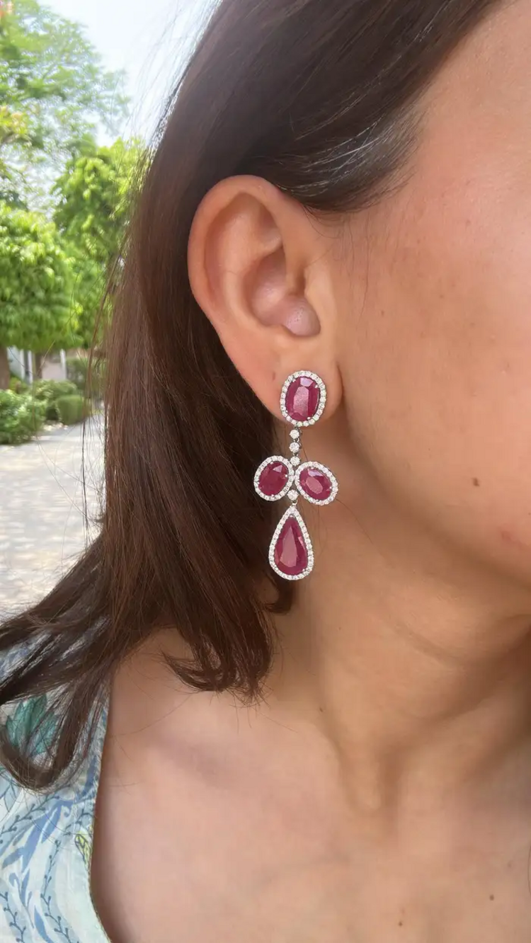 18k White Gold Diamond Dangle Earrings - Natural Mozambique Ruby Gemstone Wedding Earrings