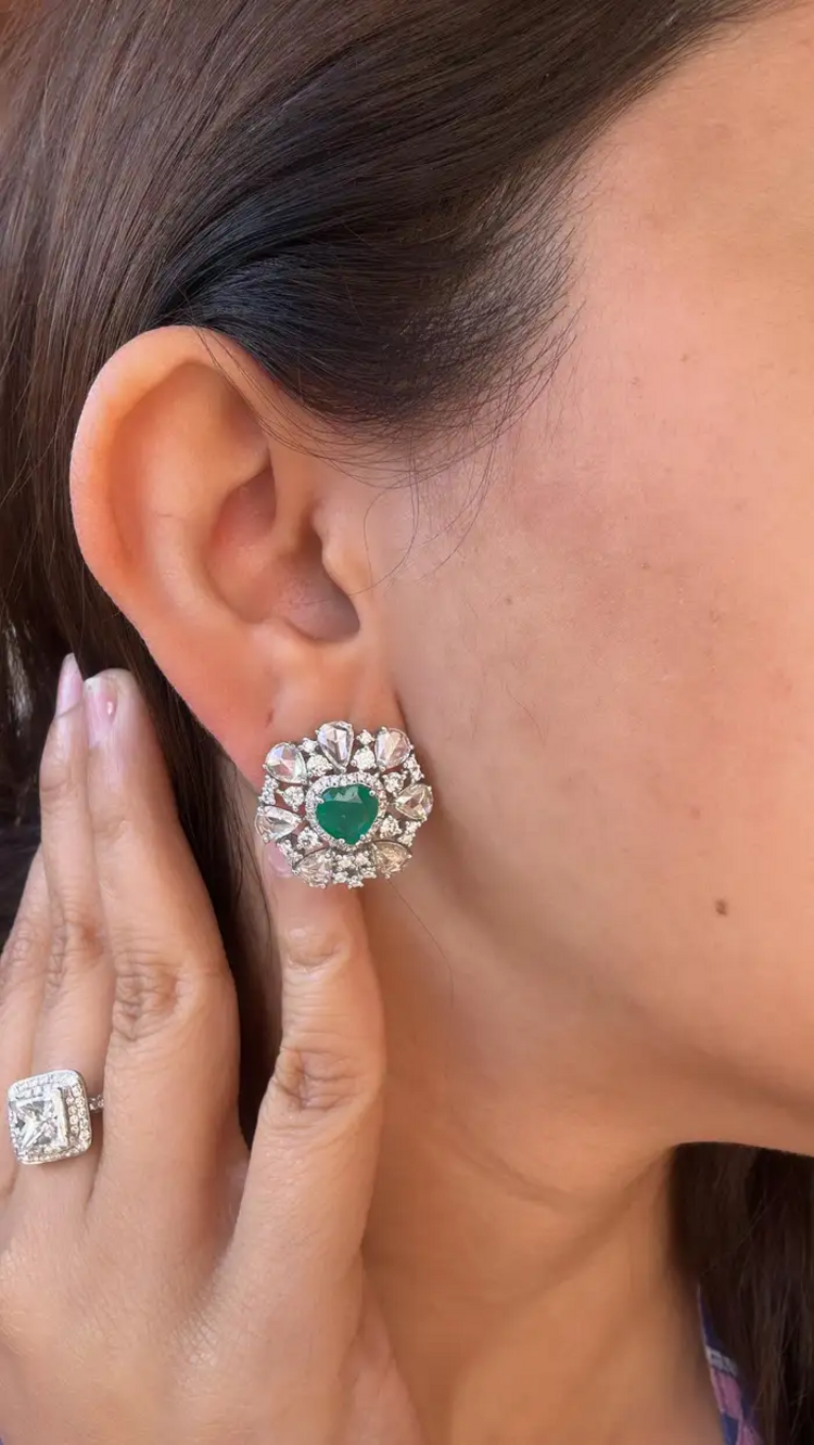 Natural Heart Shape Zambian Emerald Stud Earrings - 18k White Gold Rose Cut Diamond Tiny Earrings