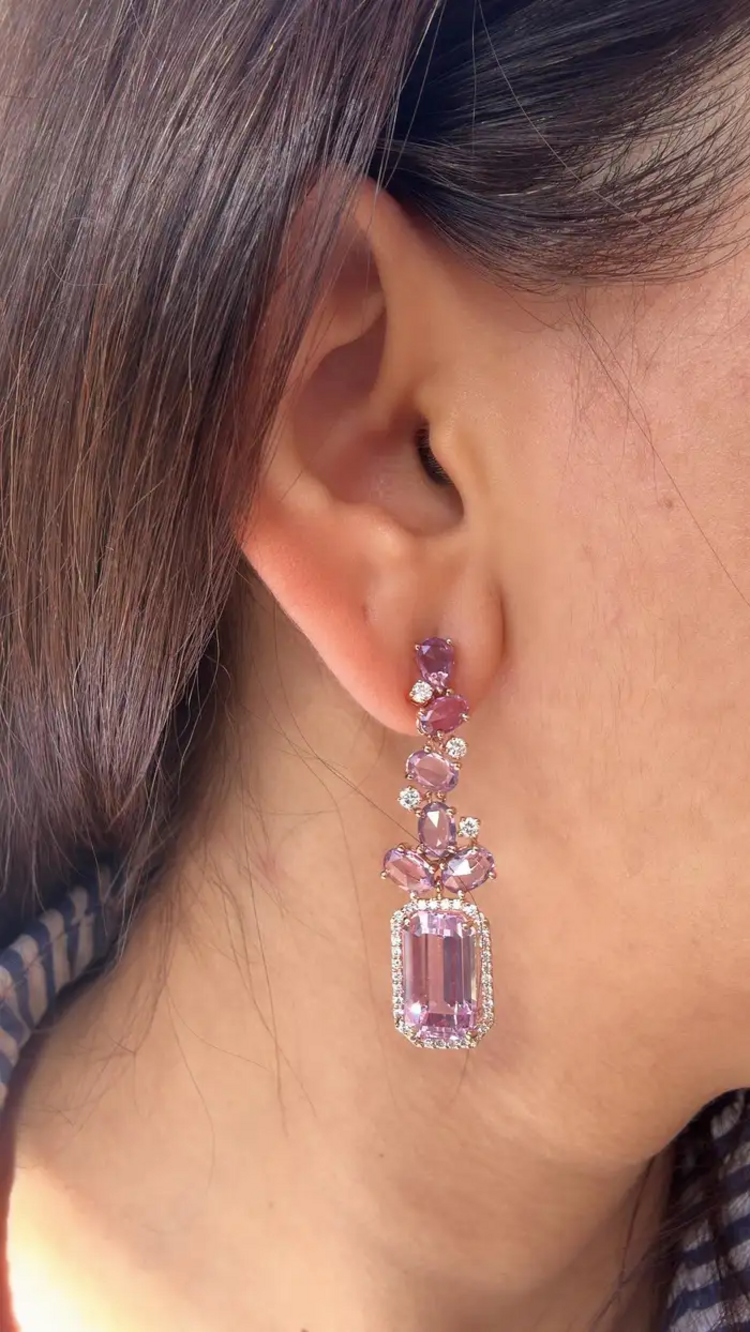 18k Rose Gold Kunzaite Gemstone Dangle Earrings - Natural Diamond & Pink Sapphire Wedding Earrings