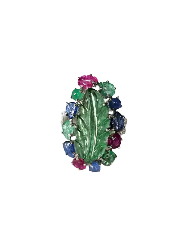 18k White Gold Handmade Cocktail Ring - Natural Emerald, Blue Sapphires, Ruby & Diamonds Cocktail Ring