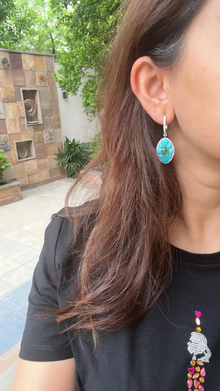 18k White Gold Diamond Dangle Earrings - Natural Emerald & Turquoise Gemstone Earrings