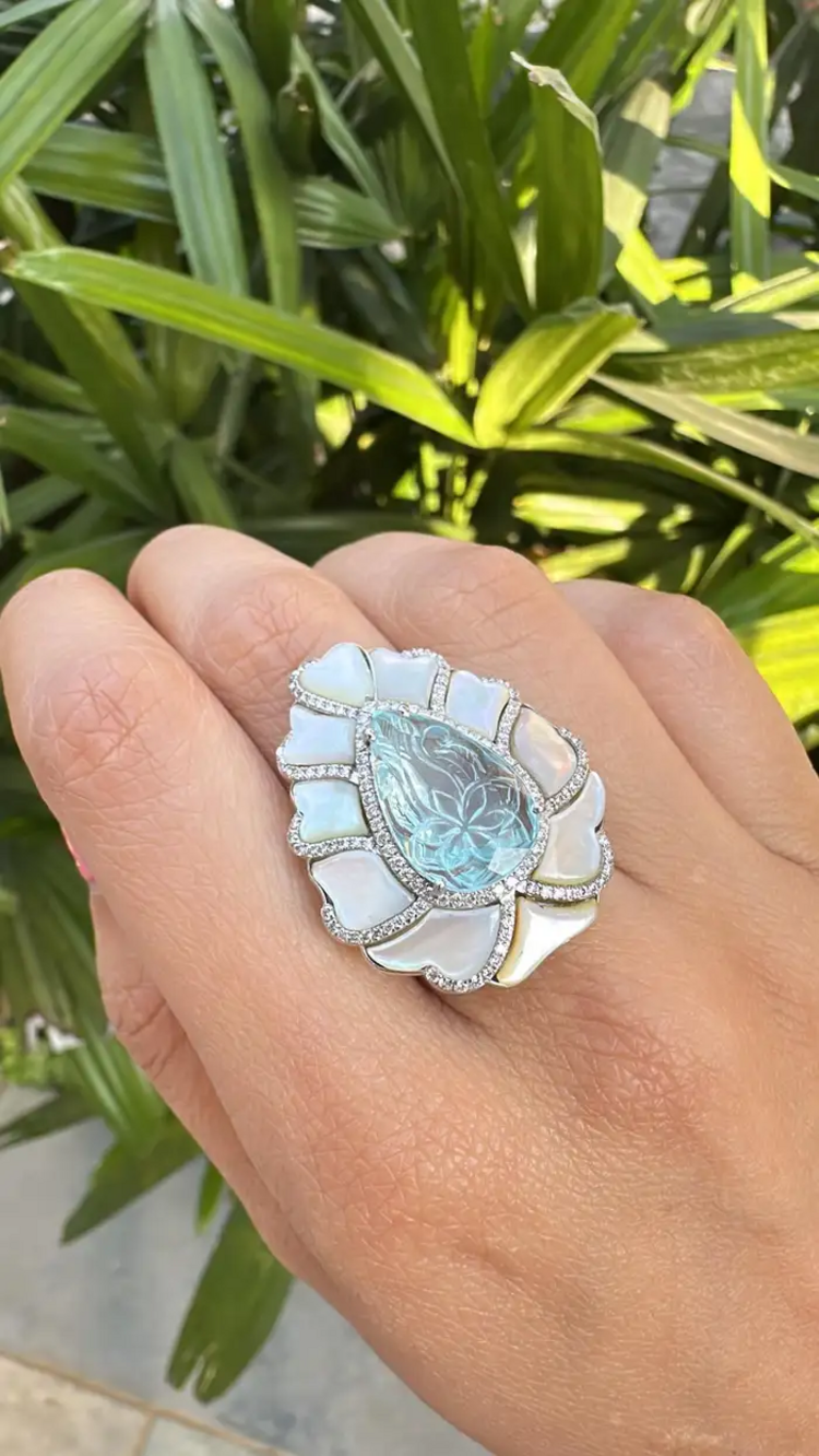 18k White Gold Diamond Statement Ring - Carved Aquamarine & Pearl Cocktail Ring