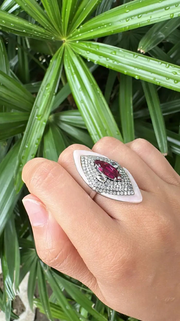 18k White Gold Diamond Handmade Ring - Natural Rubellite & Pink Opal Statement Ring