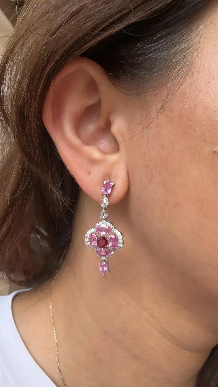 Ceylon Pink Sapphire & Ruby Gemstone Earrings - 18k White Gold & Rose Cut Diamond Dangle Earrings